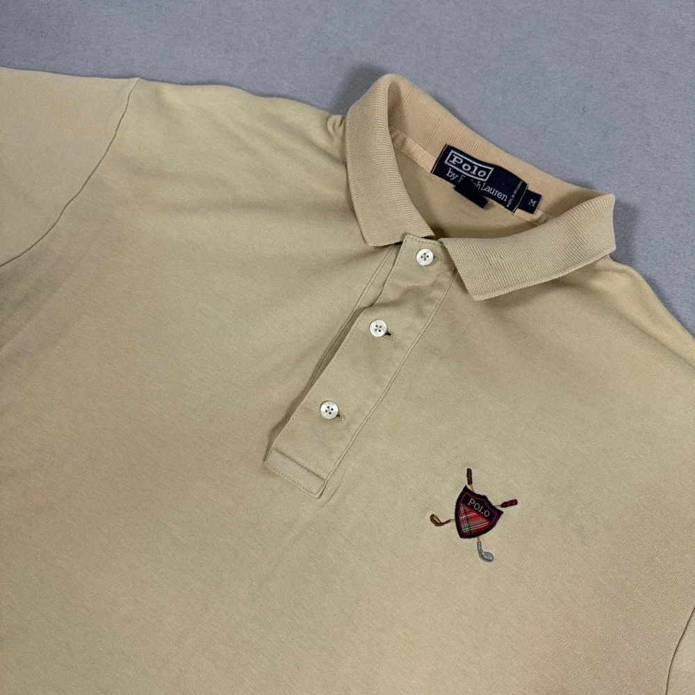 Vintage Polo Ralph Lauren Mens Polo Shirt M Tan Cotton Crest Logo Short‎ Sleeve